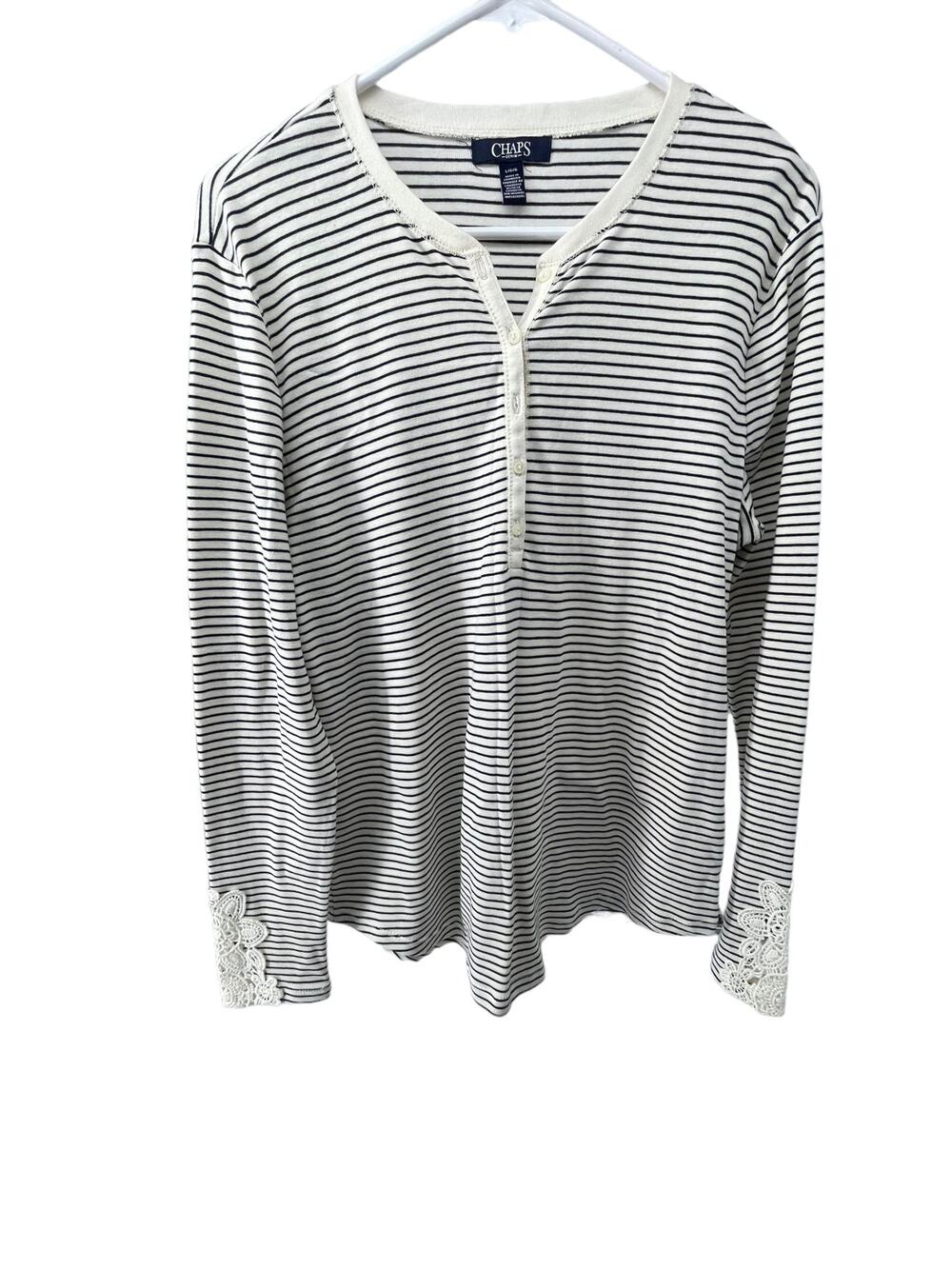 Chaps Black & White Striped Lace Trim Henley Blouse Women's Size Large